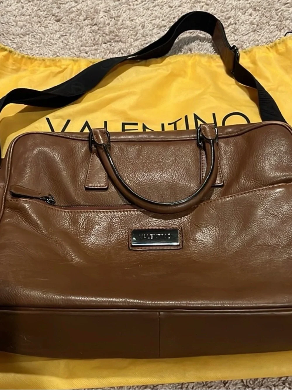 Valentino Brown Leather Duffel with Black Strap